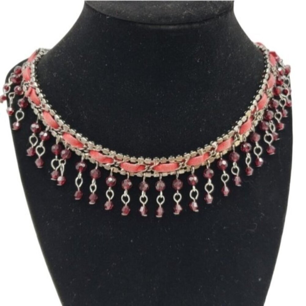 🔷️Curtain Beaded Choker Necklace Ruby Red Beading